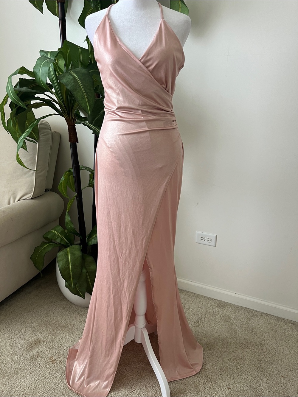 Elegant Blush Pink Halter Wrap Maxi Dress